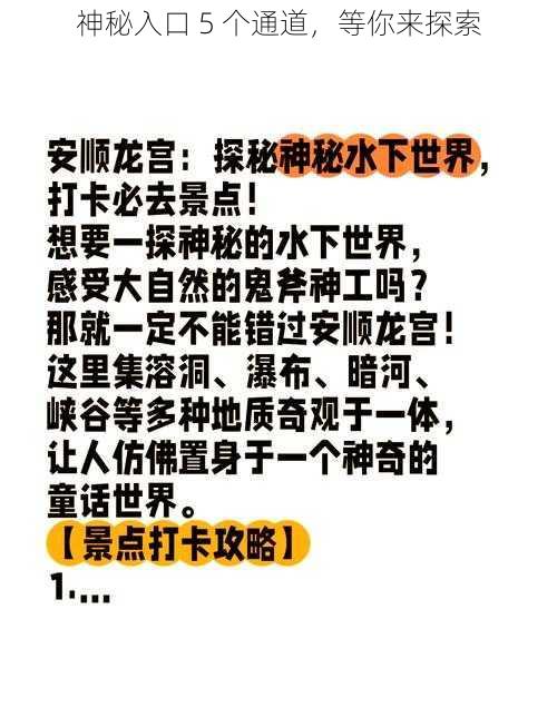 神秘入口 5 个通道，等你来探索