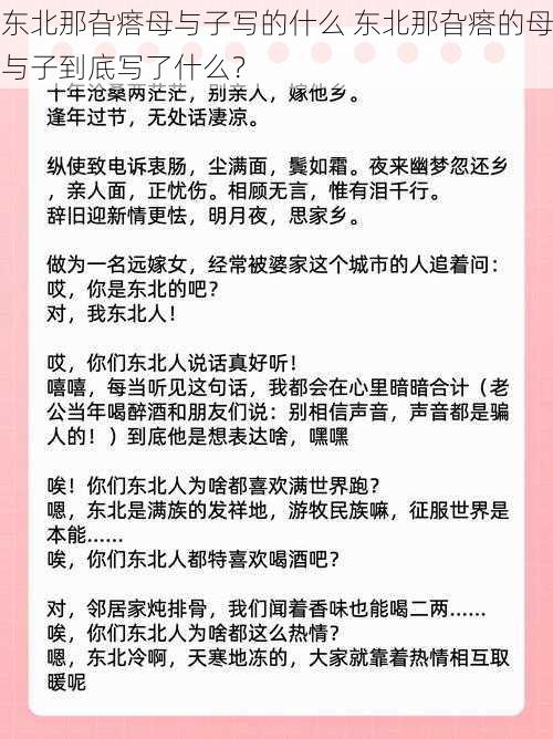 东北那旮瘩母与子写的什么 东北那旮瘩的母与子到底写了什么？