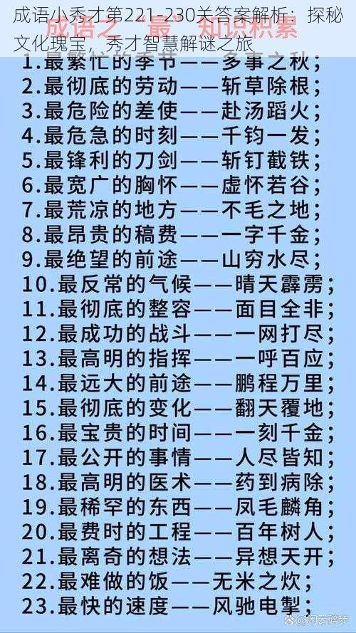 成语小秀才第221-230关答案解析：探秘文化瑰宝，秀才智慧解谜之旅